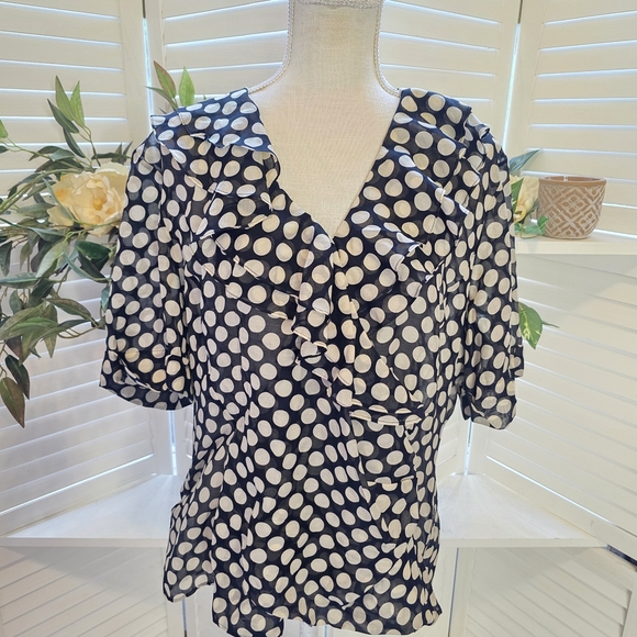 Lafayette 148 New York Silk Blend Black and Beige Polka Dot Blouse 18Plus 1335 - Picture 2 of 8